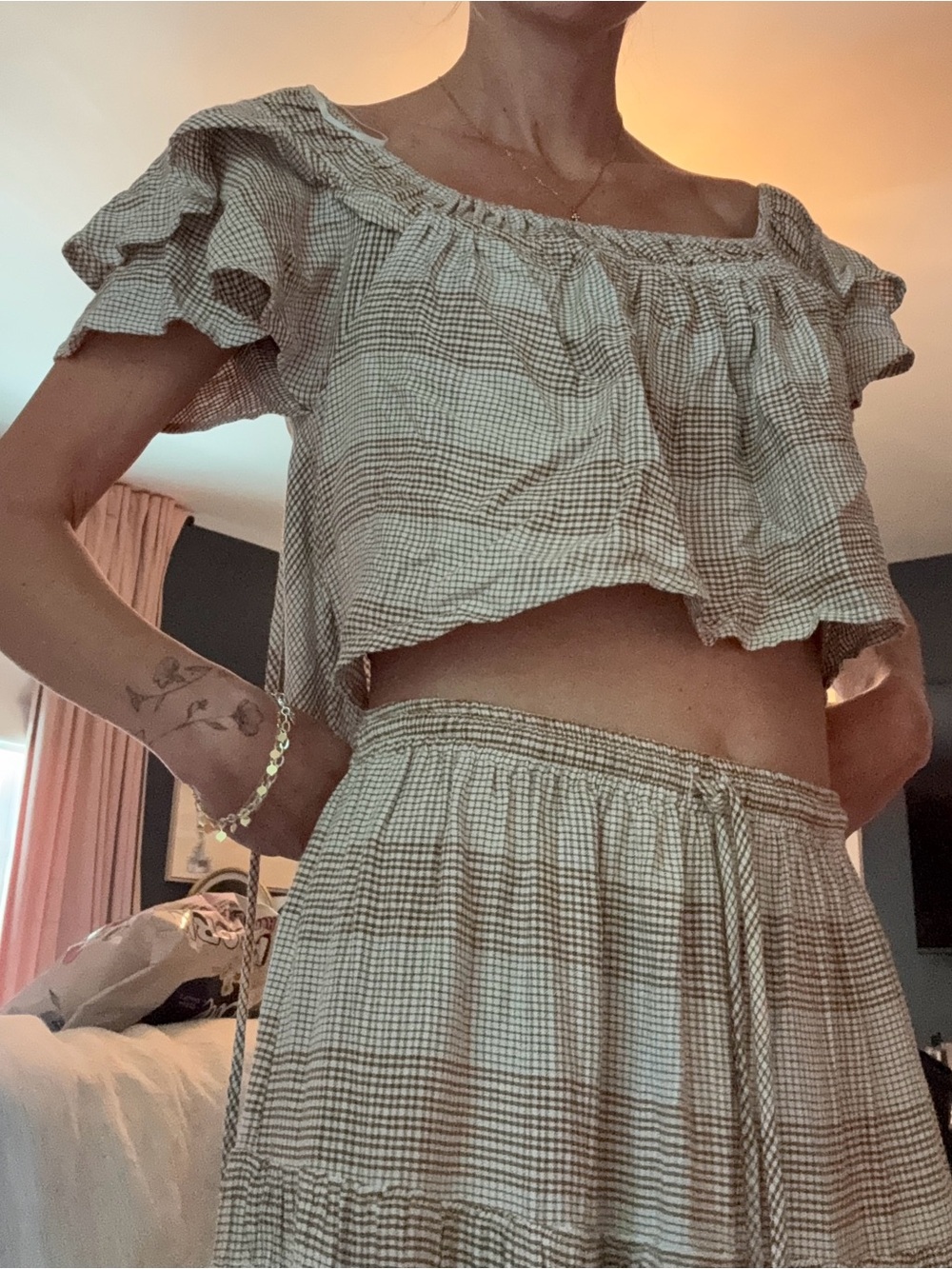 Free People Beige Plaid Tiered Maxi Skirt crop top set - Picture 3 of 10